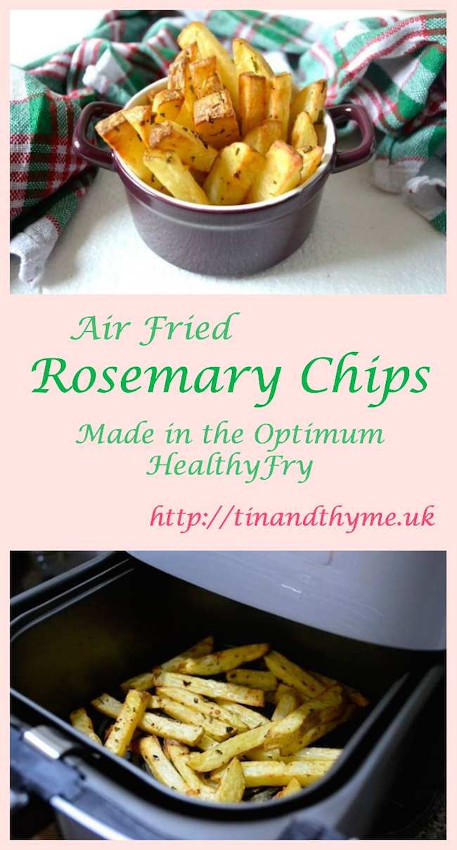 A bowl of rosemary chips in the top photo and the chips in an air fryer drawer in the bottom photo.