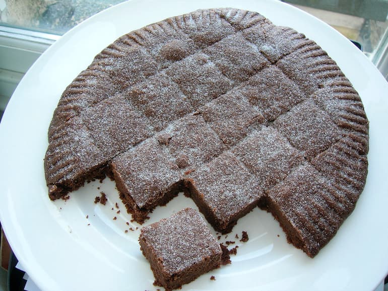 Plate of Chocolate and Cinnamon Shortbread marked into squares.