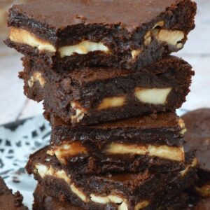 Close up of a cream cheese brownie stack..