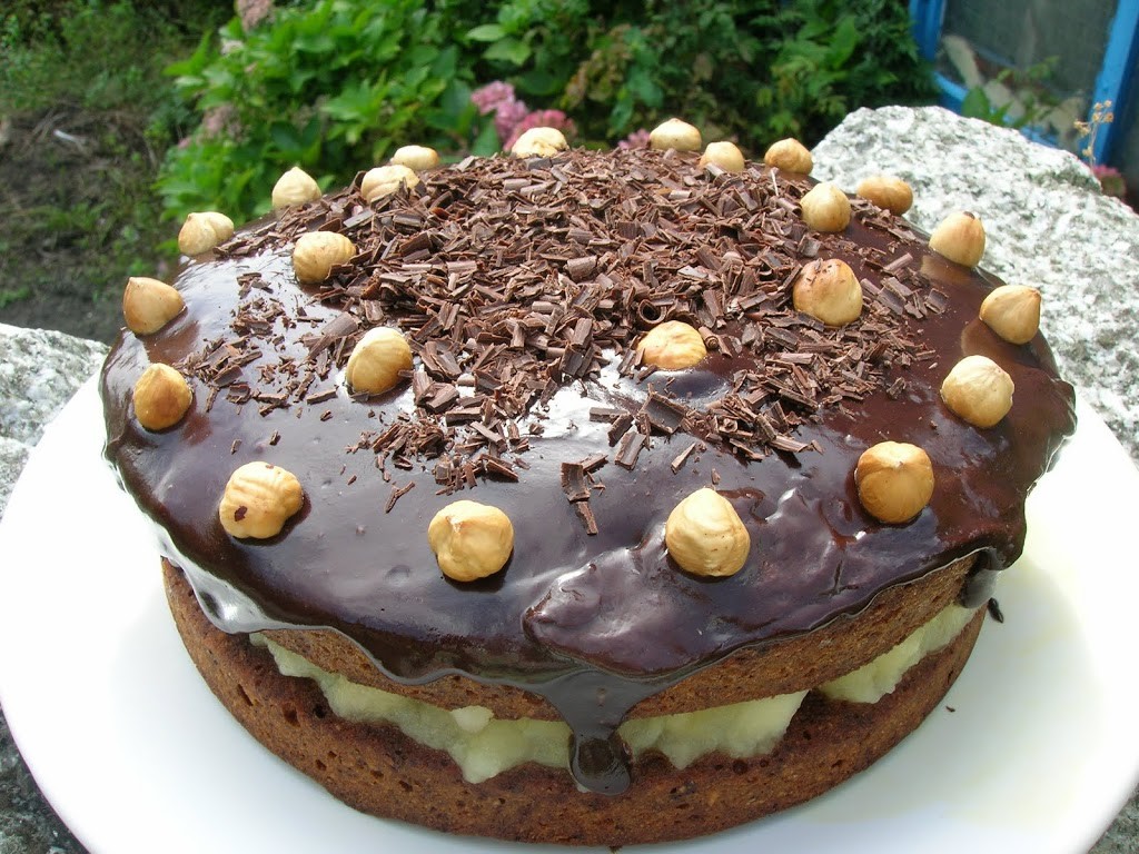 A filled hazelnut and apple chocolate cake on a white plate.