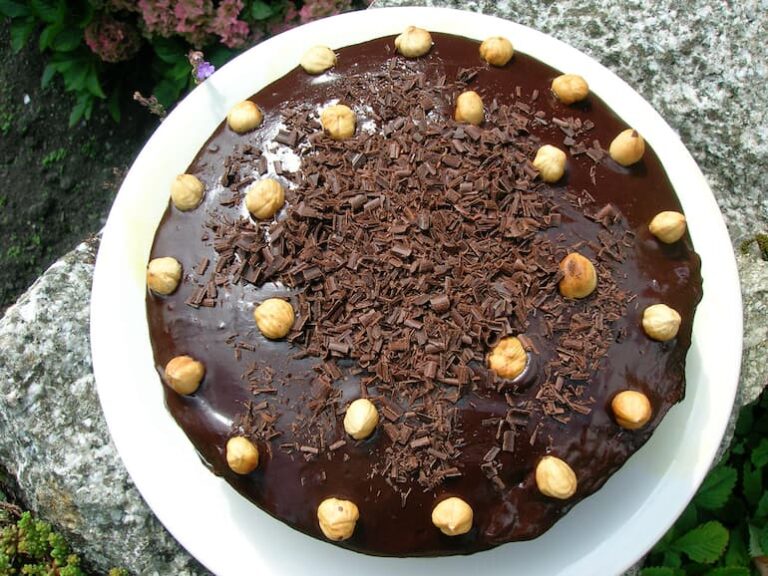 An iced hazelnut chocolate cake on a white plate.