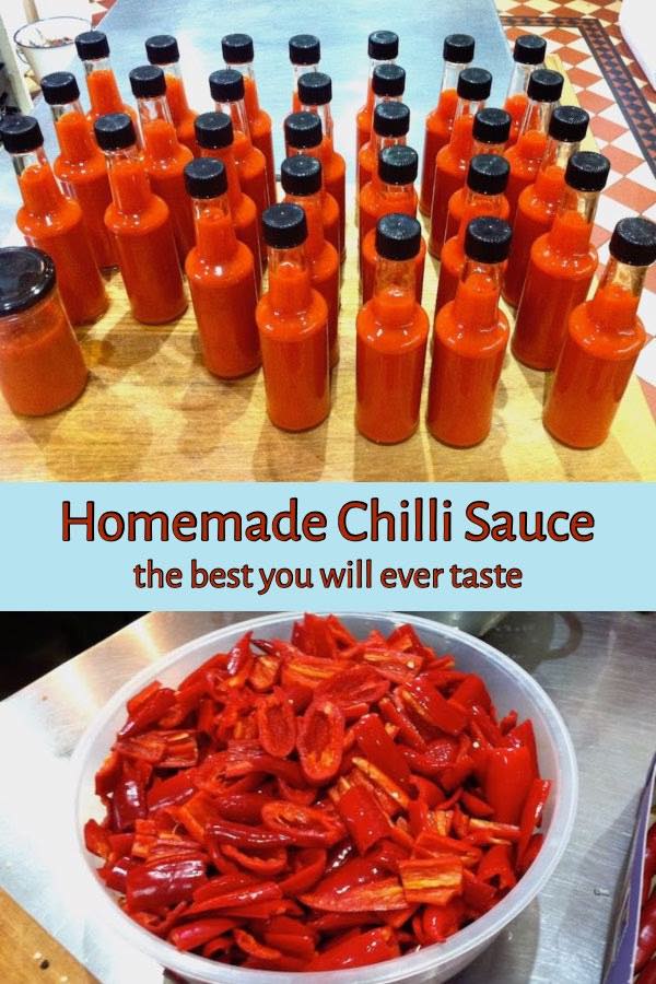 Homemade Chilli Sauce - all bottled up with an additional photo of the prepared chillies prior to cooking.