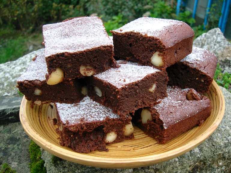 A platter of macadamia nut brownies.