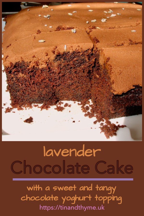 A slab of chocolate lavender cake.