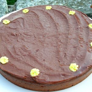 A round chocolate yogurt cake with chocolate fudge icing with yellow sugar flowers on top.
