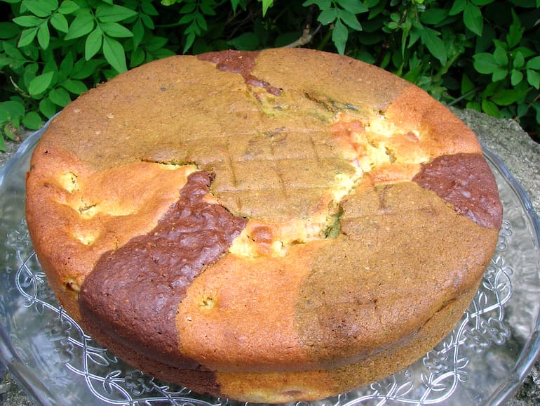 A chocolate, rhubarb and green tea marble cake (Chocruetea).