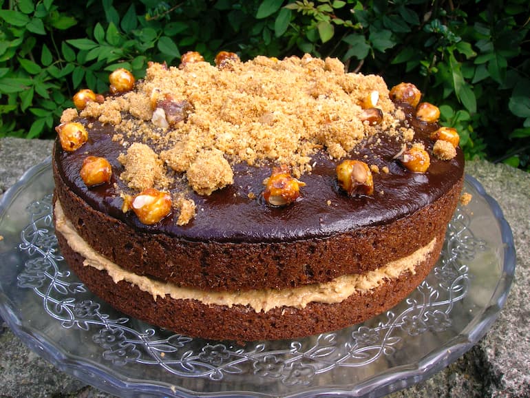 Two layer coffee praline cake with chocolate ganache.
