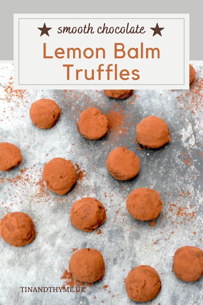 Lemon balm chocolate truffles on a piece of Cornish slate.