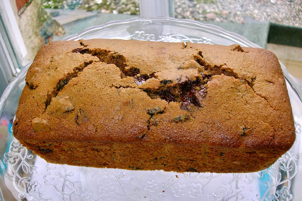 A loaf of chocolate ginger tea bread.