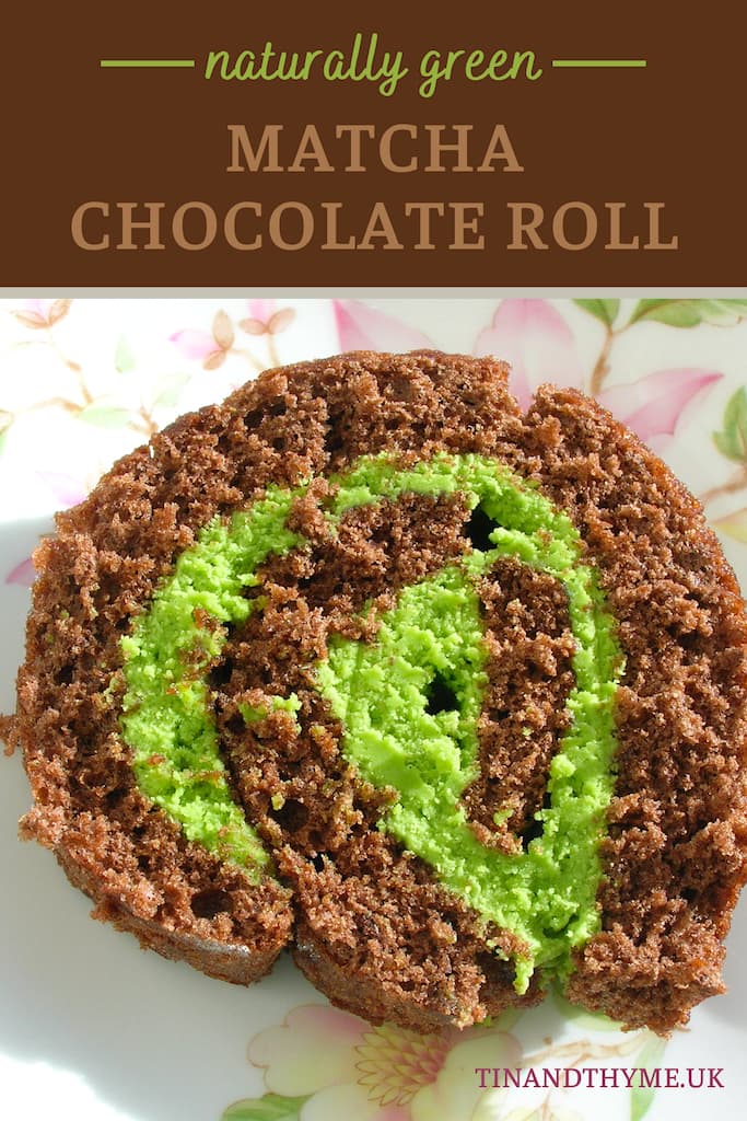 A slice of matcha chocolate roll on a plate.
