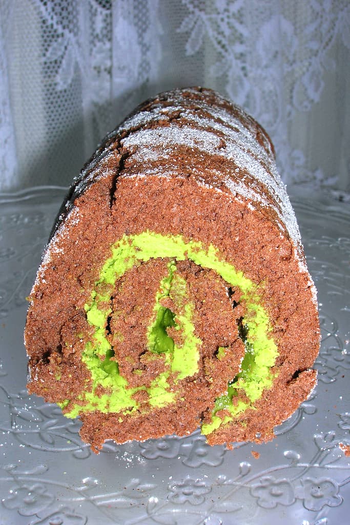End on view of a matcha chocolate roll.