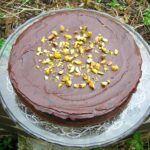 Nigella's chocolate pistachio cake on stand in garden.