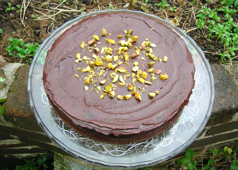 Nigella's chocolate pistachio cake on stand in garden.