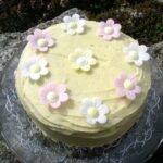 Genoise sponge covered in lime and white chocolate icing with wafer daisies on the top.