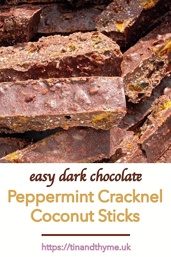 Peppermint Cracknel Chocolate Sticks with Toasted Coconut. Crunchy, chewy and delicious homemade vegan chocolates. #TinandThyme #MintCracknel #cracknel #cracknell #recipe #chocolate #HomemadeChocolates