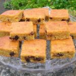 A stack of wholemeal choc chip honey cornbread.