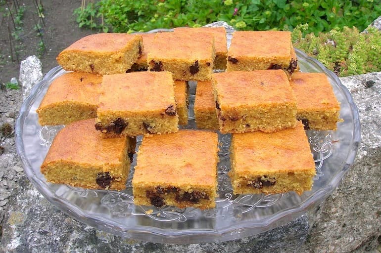 A stack of wholemeal choc chip honey cornbread.