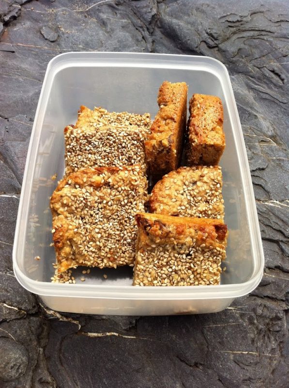A container of white chocolate halva flapjacks
