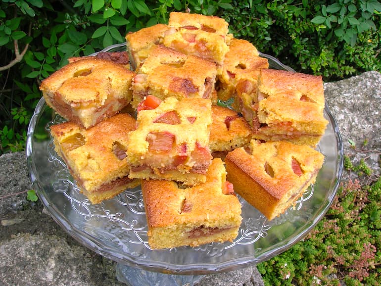 Squares of plum and chocolate cheesecake traybake piled on plate.