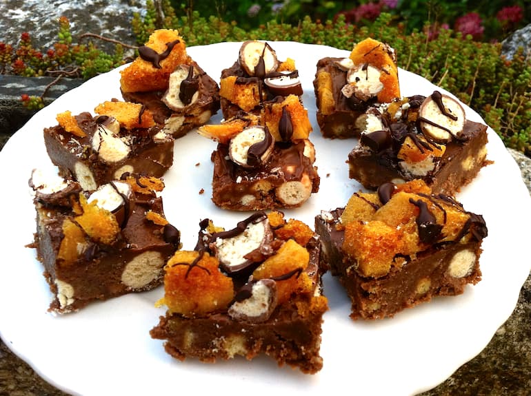 Chocolate Honeycomb Squares on plate.
