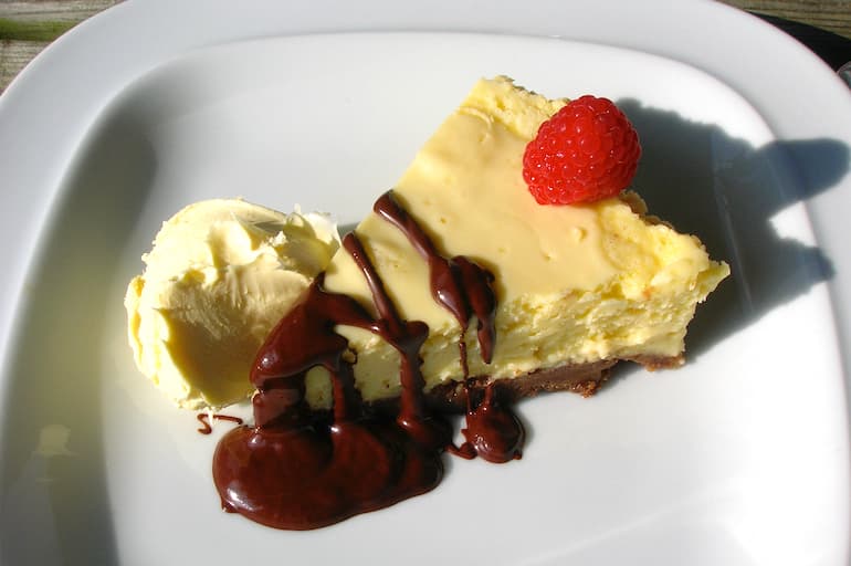 A slice of white chocolate cheesecake at one of the Cornish tea rooms.