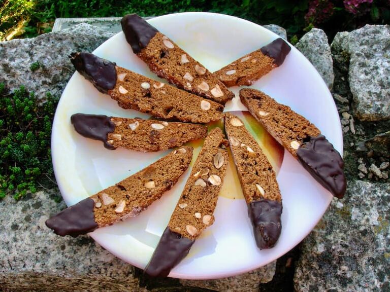 A plate of chocolate dipped spicy pumpkin biscotti.