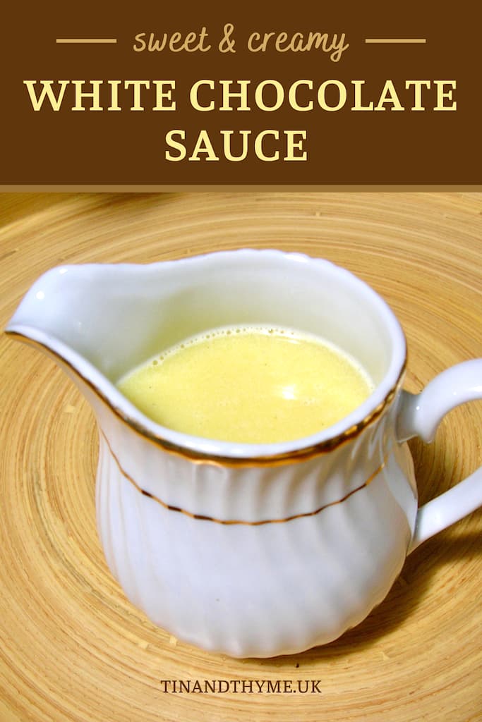 A jug of white chocolate sauce.