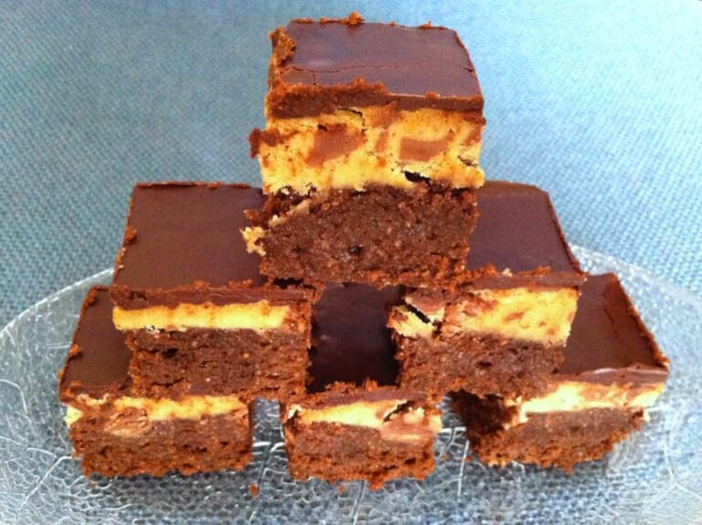 A stack of homemade chocolate chip cookie dough brownies.