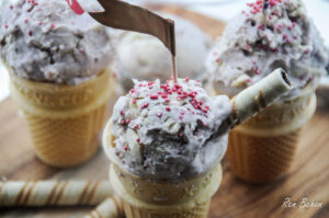 Blackcurrant ice cream in cones. One of 37 creative blackcurrant recipes with chocolate.