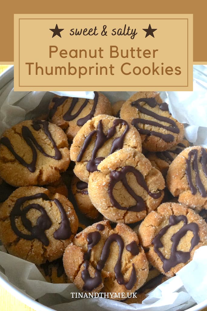 Peanut butter thumbprint cookies drizzled with chocolate.
