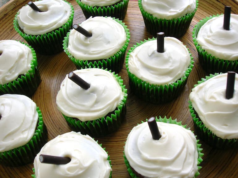 Close up of a tray of chocolate mint rum cocktail cupcakes.