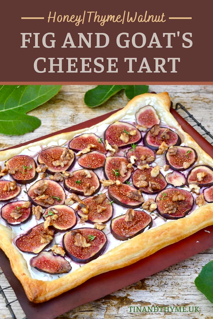 Fig, walnut, honey and thyme goat's cheese puff pastry tart cooling on a wire rack.