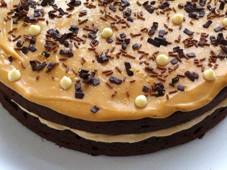 Partial view of the best salted caramel birthday cake.