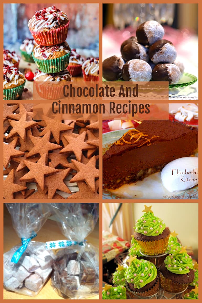 Pin collage of six chocolate and cinnamon recipes.