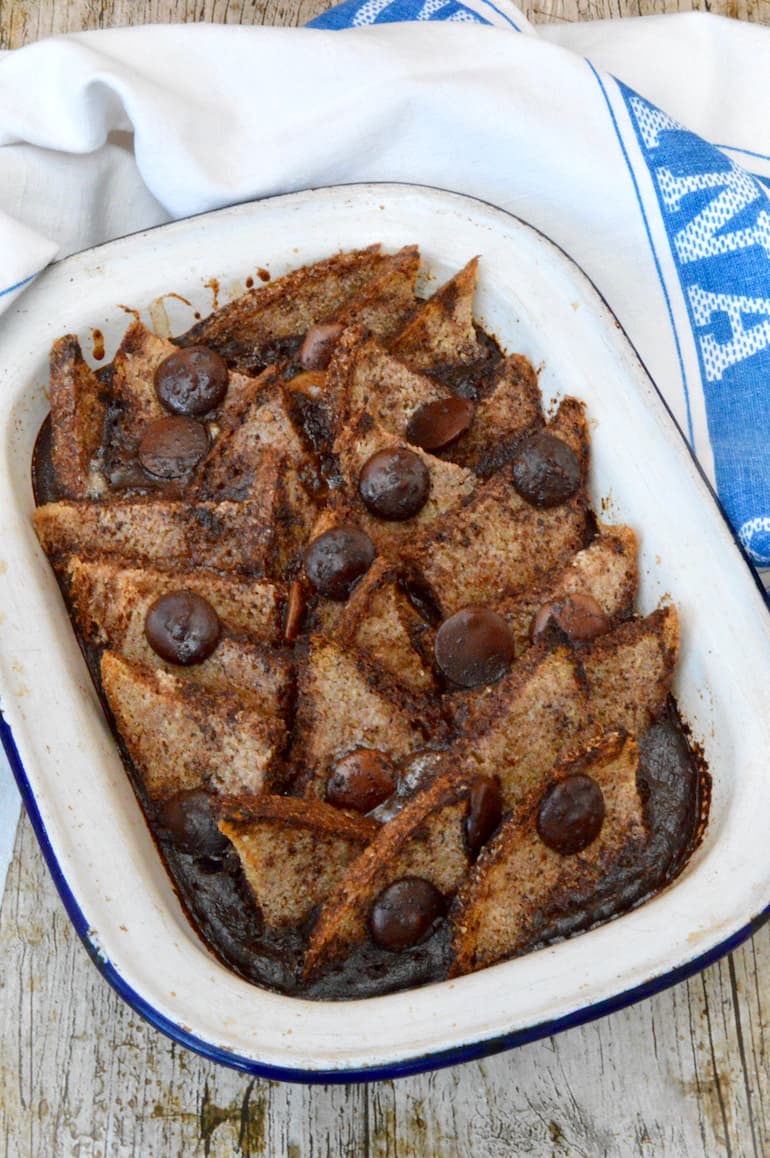 A dish of chocolate bread and butter pudding just out of the oven.