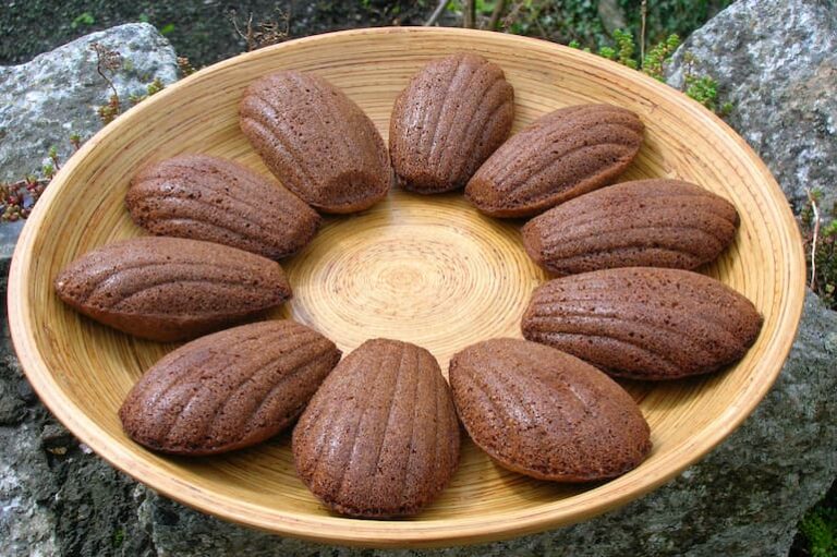 Bamboo platter of ten homemade spicy chocolate madeleines.