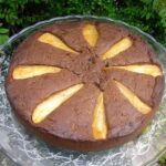 Gluten-free caramelised pear and honey carob cake.