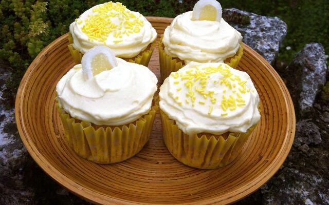 Lemon and White Chocolate Cupcakes topped with Lemon Chantilly Cream