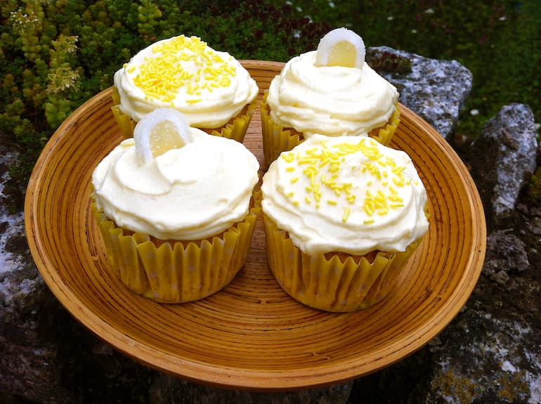 Lemon and white chocolate cupcakes topped with lemon Chantilly cream.