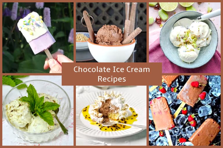 Collage of six chocolate ice cream recipes.
