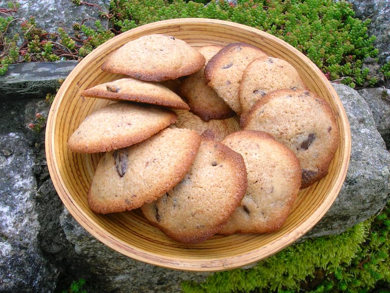A plate of homemade chocolate drops (chocolate chip cookies).