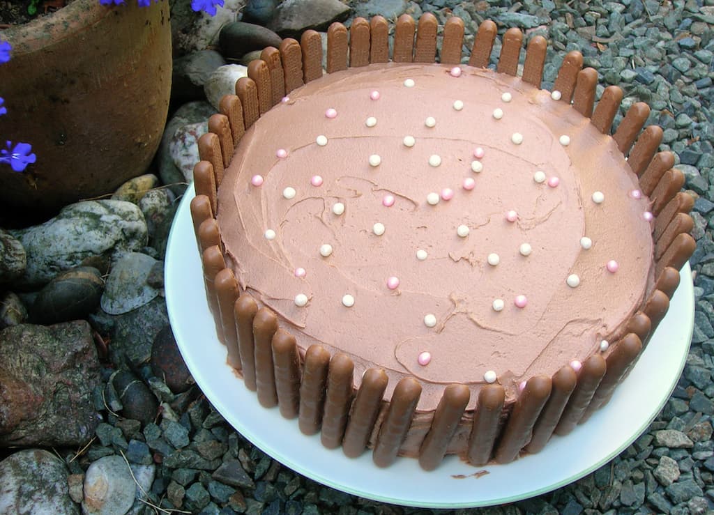 A chocolate red wine cake, iced with chocolate red wine buttercream and bordered with chocolate fingers.
