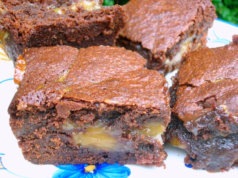 Plate of Marmite caramel brownies.