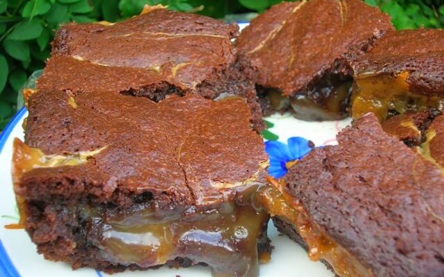 A plate of Marmite caramel brownies.