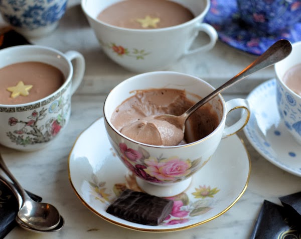 After Eight mousse in individual tea cups - one of several boozy chocolate recipes.