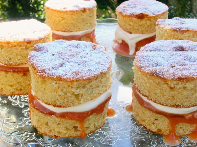 Mini orange sponges filled with cream and blood orange curd.
