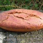 A loaf of no-knead cocoa spelt bread on a wire rack.