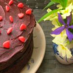Lavender Chocolate Goose Egg Cake with a rich chocolate ganache.