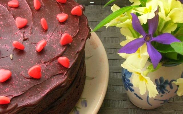 Lavender Chocolate Goose Egg Cake with a rich chocolate ganache.