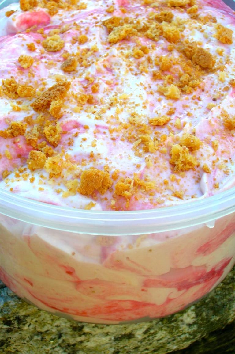 A tub of plum ripple ice cream.